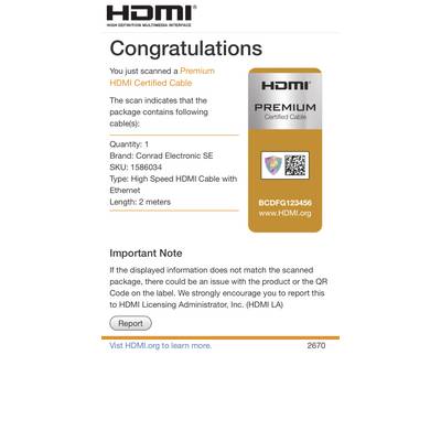 Congratulations! You have scanned a Premium HDMI-certified cable. Brand: Conrad Electronic SE, Length: 2 Metres. Visit HDMI.org for more information.