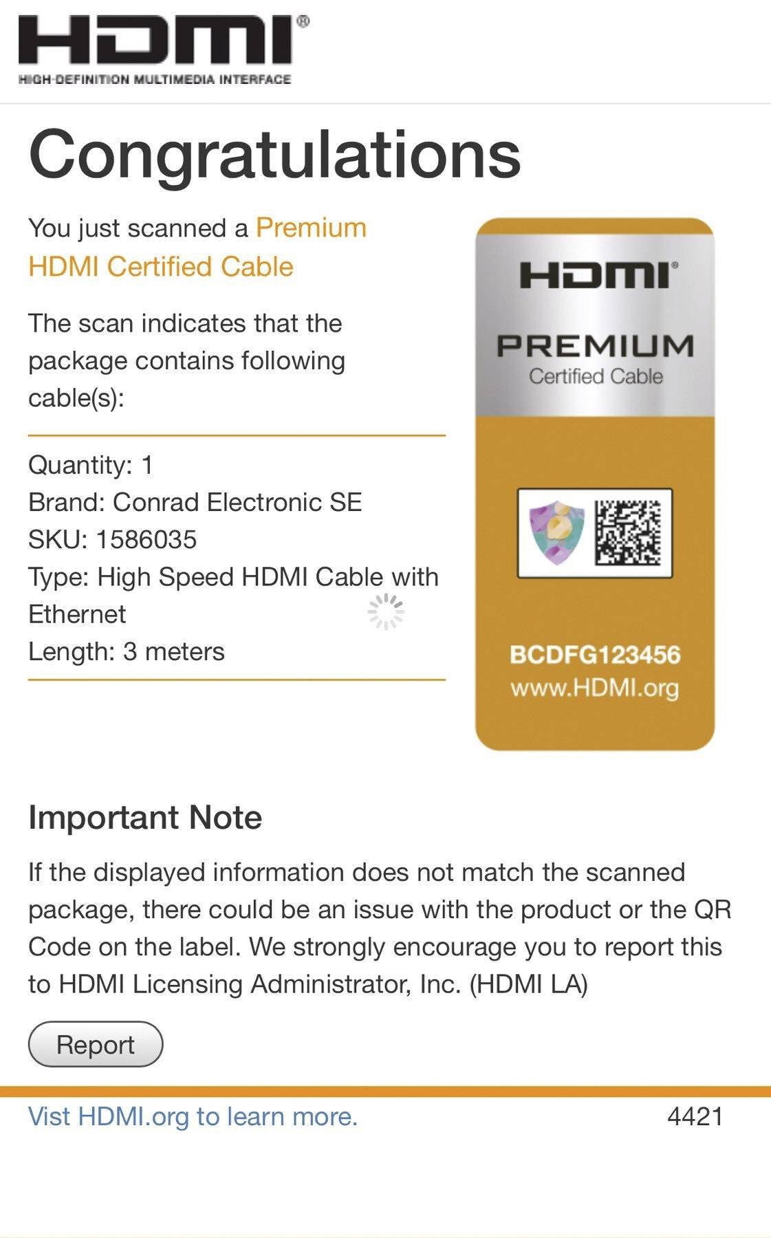 You have scanned a 'Premium HDMI Certified Cable' with 3 metres in length. Brand: Conrad Electronic SE. SKU: 1586035.
