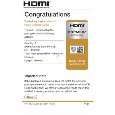 You have scanned a 'Premium HDMI Certified Cable' with 3 metres in length. Brand: Conrad Electronic SE. SKU: 1586035.