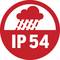 Red symbol with the inscription 'IP 54' and a rain shower icon indicating the protection rating against dust and water spray.