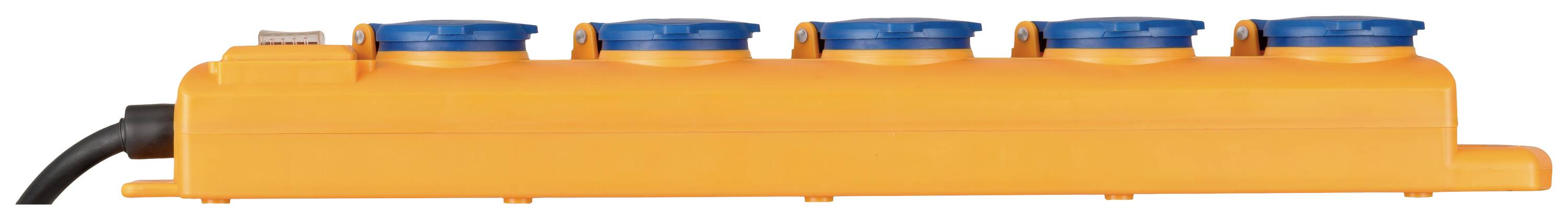 A orange multi-socket adaptor with five blue plug sockets.