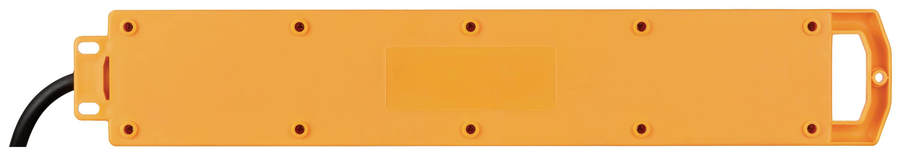 An orange rectangular charger with a black cable on a white background.
