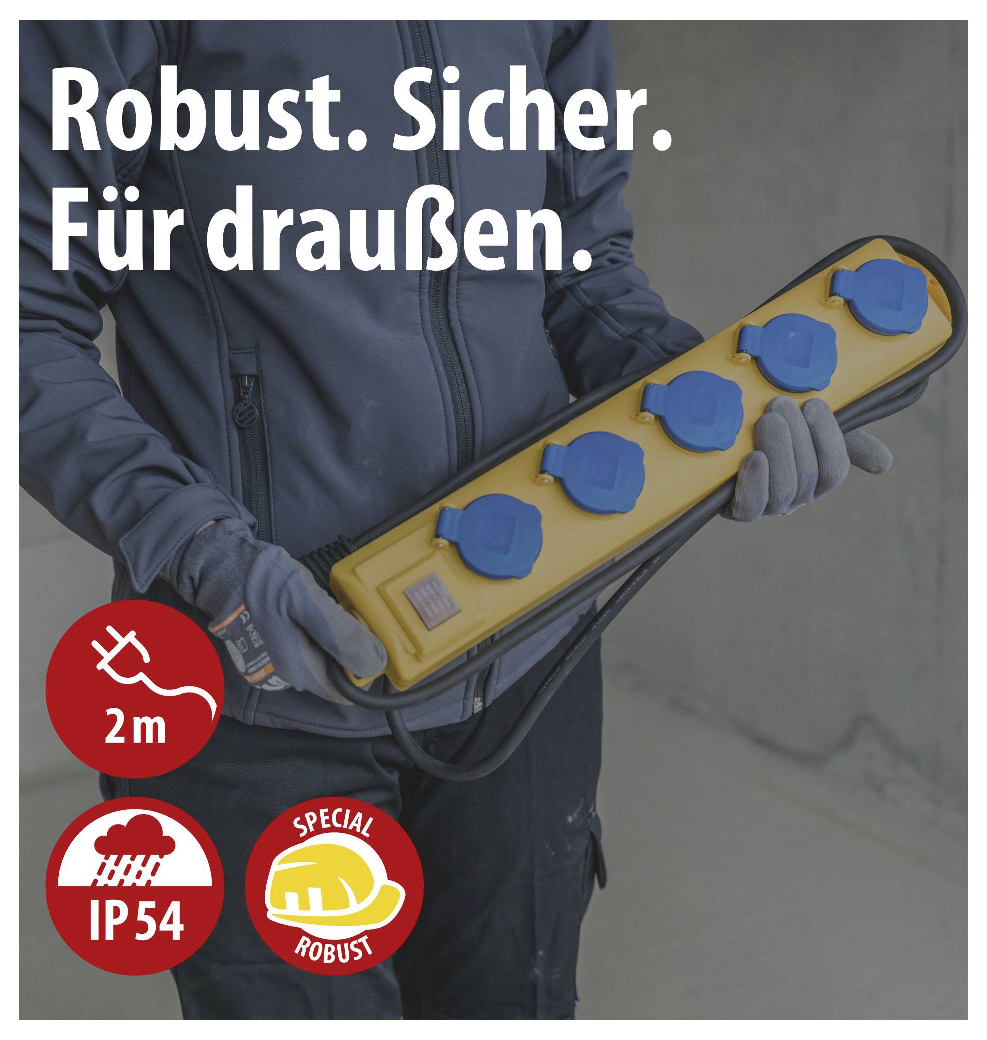 Person holds robust yellow multiple socket for outdoors; Text: 'Robust. Safe. For outdoors.' Symbols for 2 m, IP54 and robust.