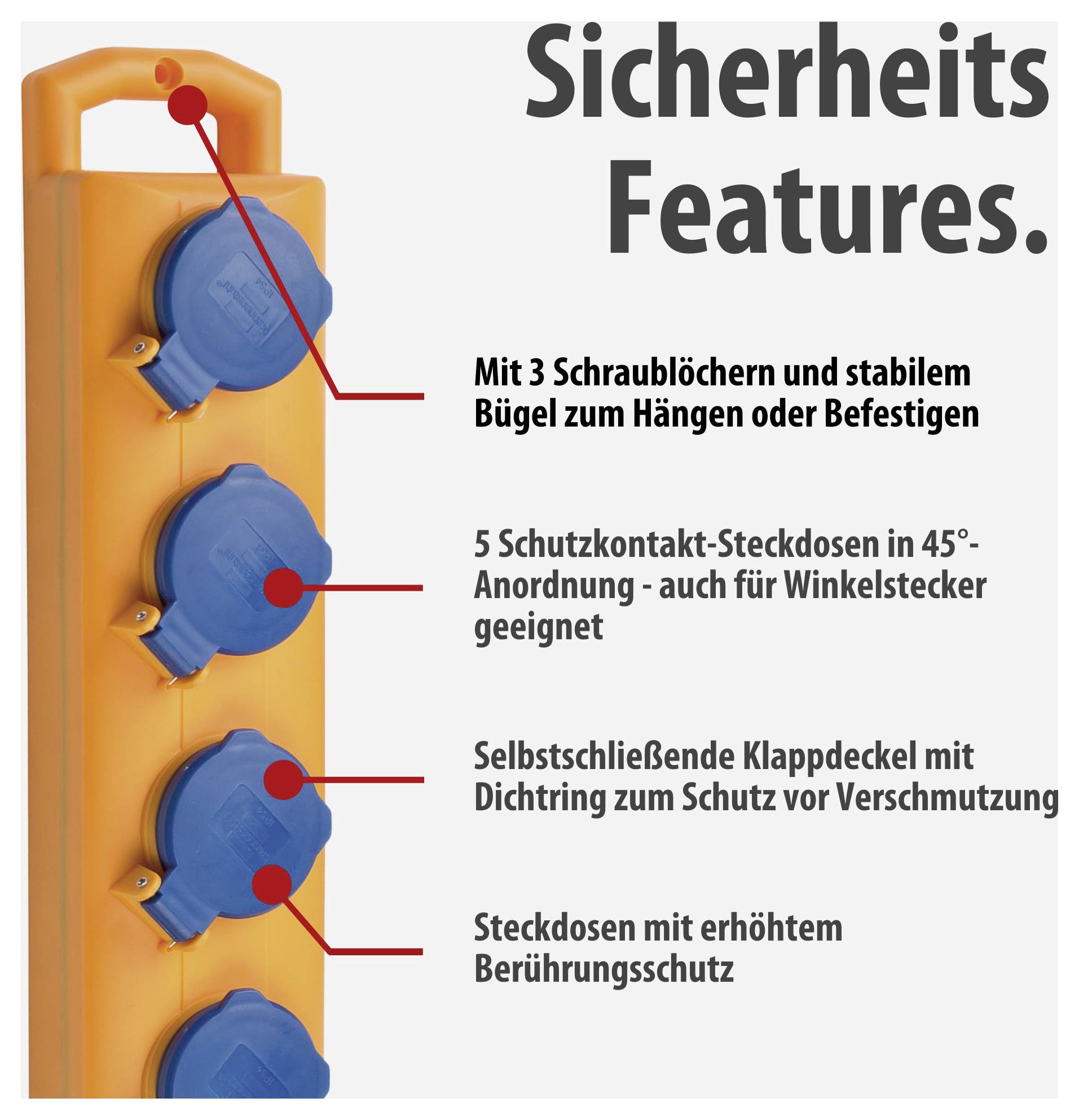 Infographic on safety features of an orange extension lead: 5 earthed sockets, flip cover, contact protection, screw holes and bracket for securing.