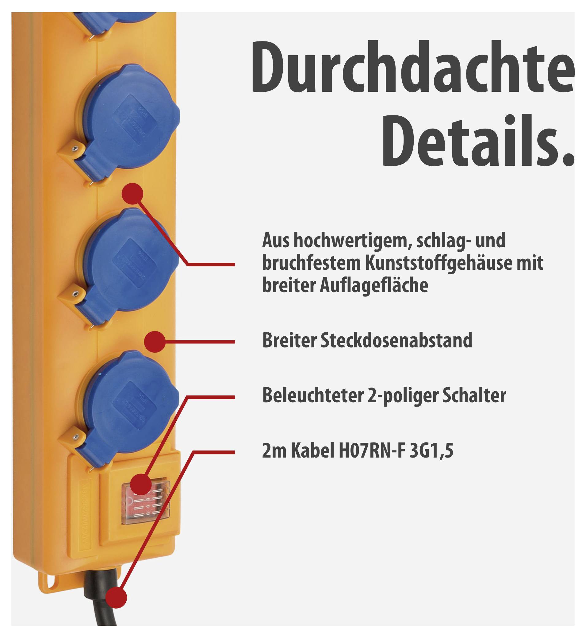 Orange power strip with three blue protective caps and labelling 'Thoughtful Details': robust housing, wide socket spacing, illuminated 2-pole switch, 2 m cable.