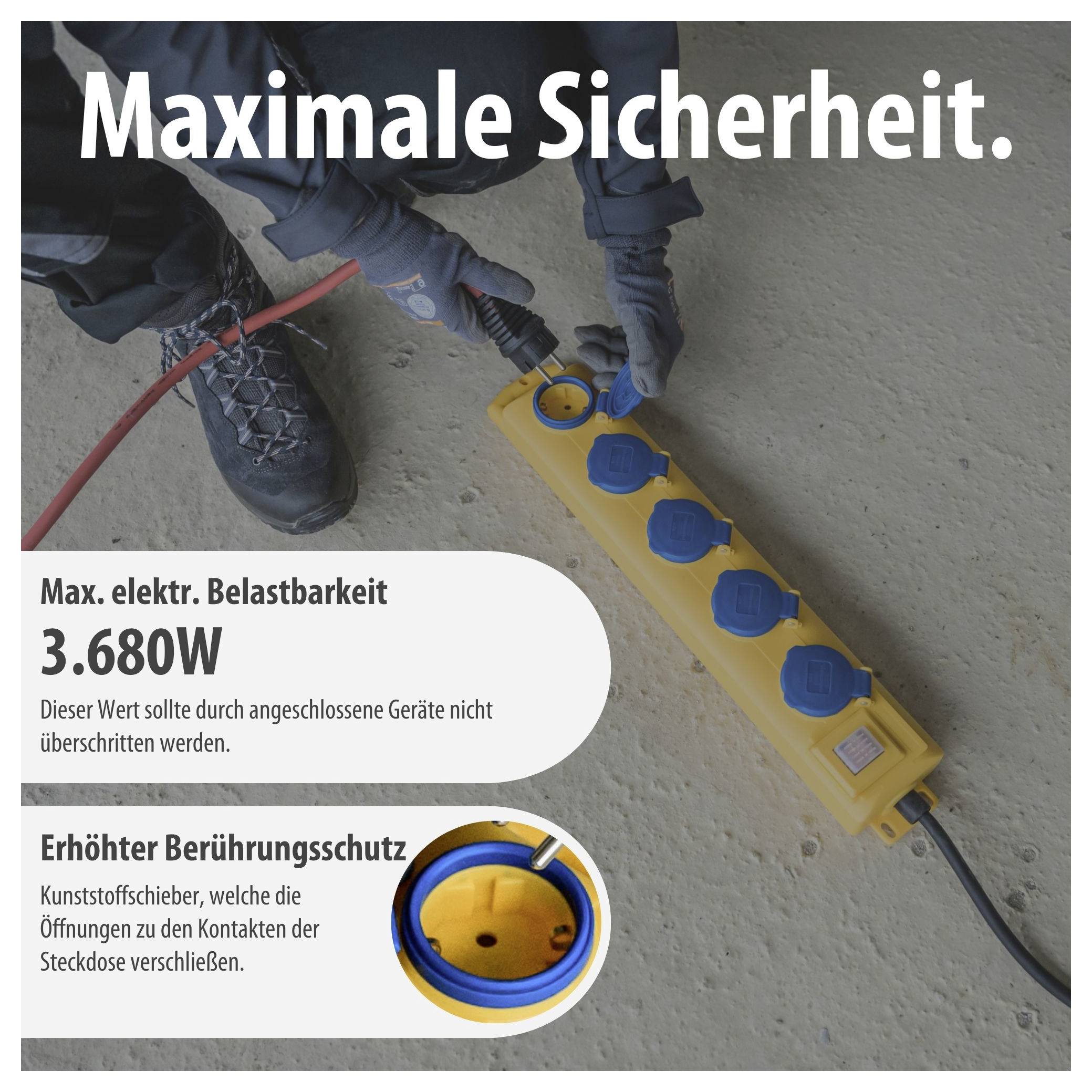 Advertisement for a yellow multiple socket outlet with enhanced contact protection and maximum electrical load capacity of 3,680 W; Title: 'Maximum Safety.'