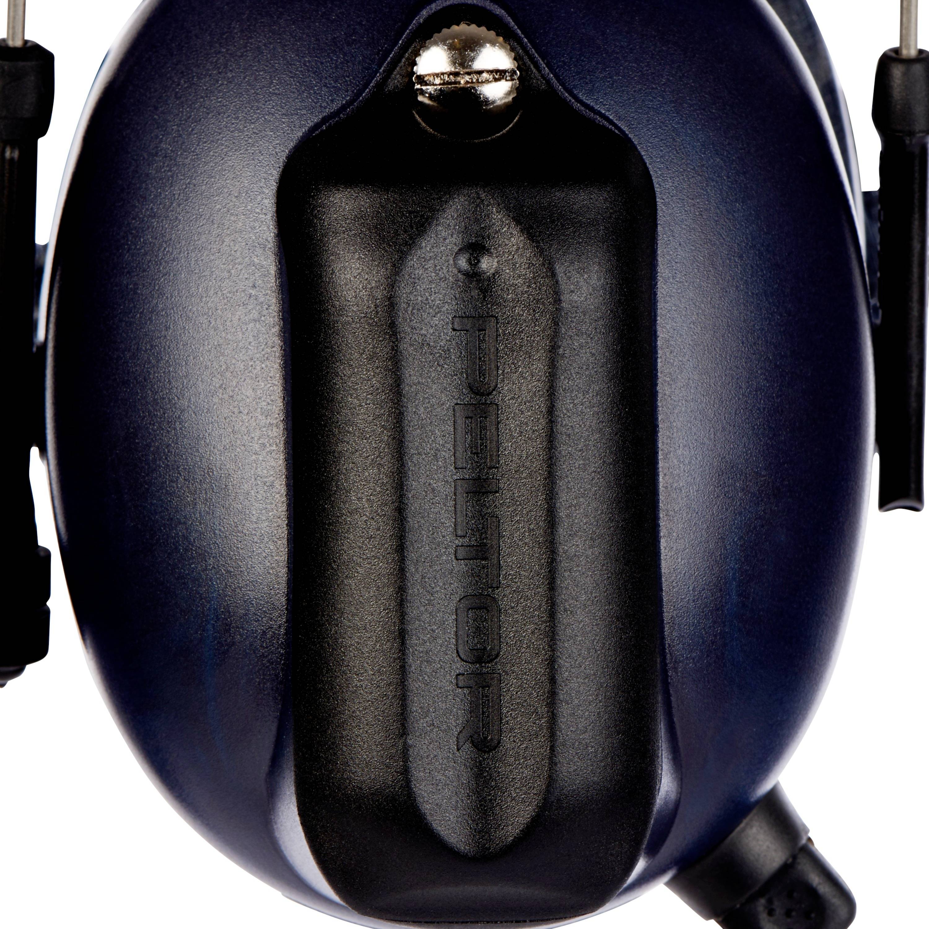 Black ear defenders with a blue surface, 'Peltor' brand, focused centrally. View from behind shows headband attachment.