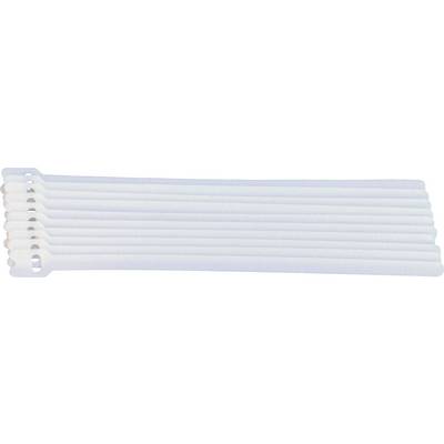 A stack of white cable ties lies side by side. They are long and narrow with a rectangular fastener at one end.