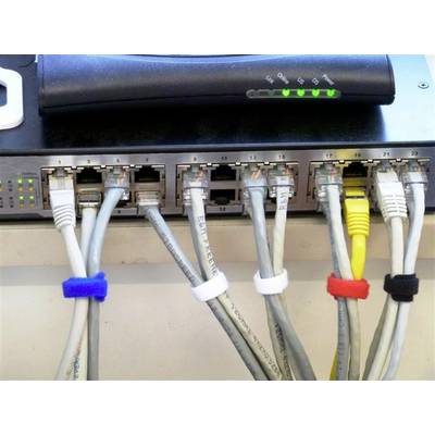 A network switch connected with multiple Ethernet cables, marked with coloured cable ties for easy identification.