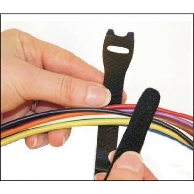 A hand holds colourful cables, while the other hand applies a hook-and-loop fastener strip to bundle the cables together.