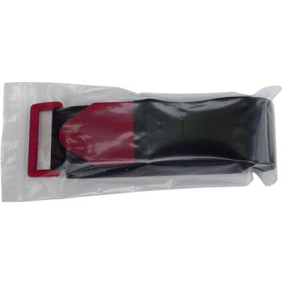 A black belt with a red buckle area, packaged in transparent plastic, is lying on a table.