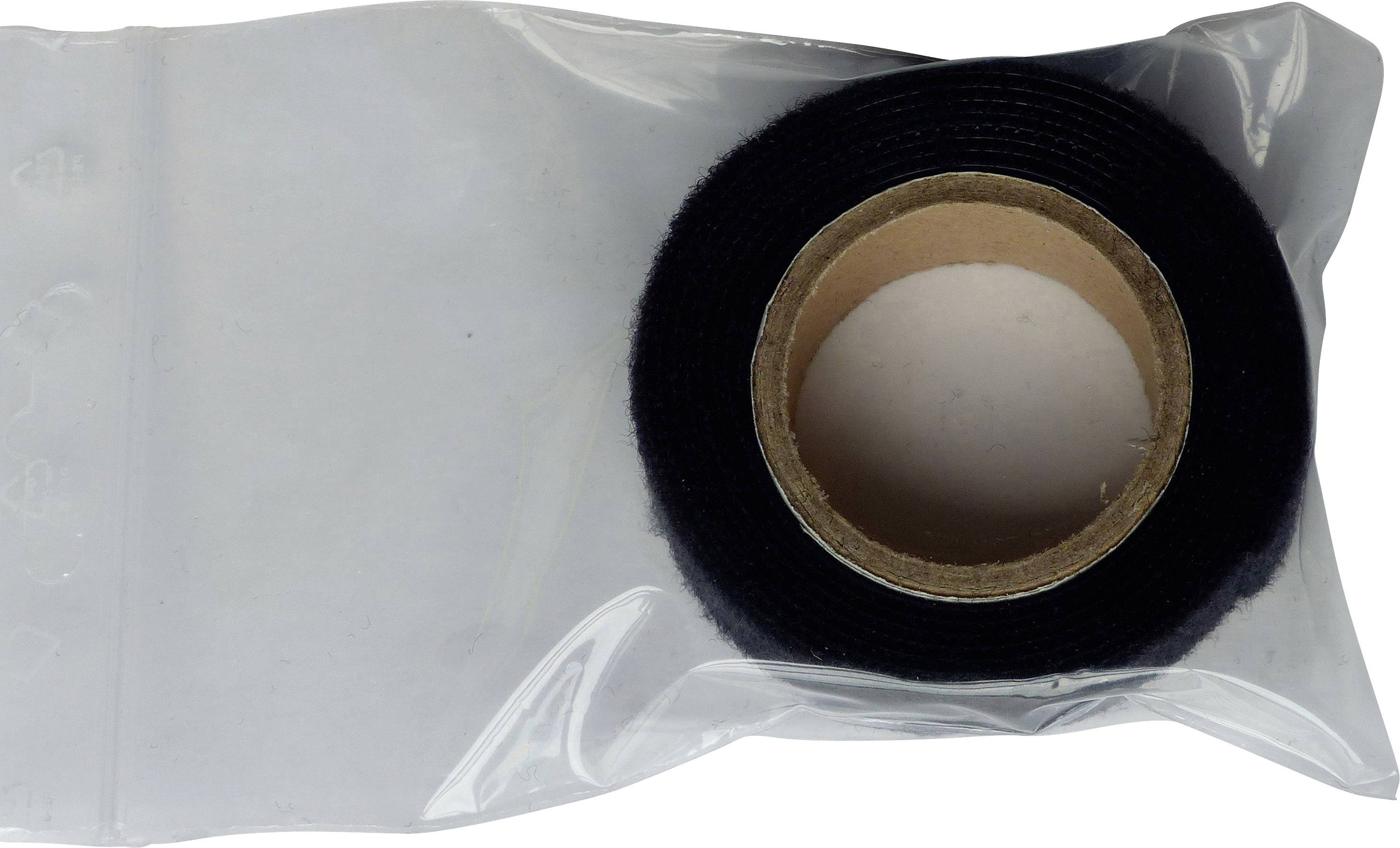 A black hook and loop tape roll in a transparent plastic packaging. The roll is partially unrolled and half visible.