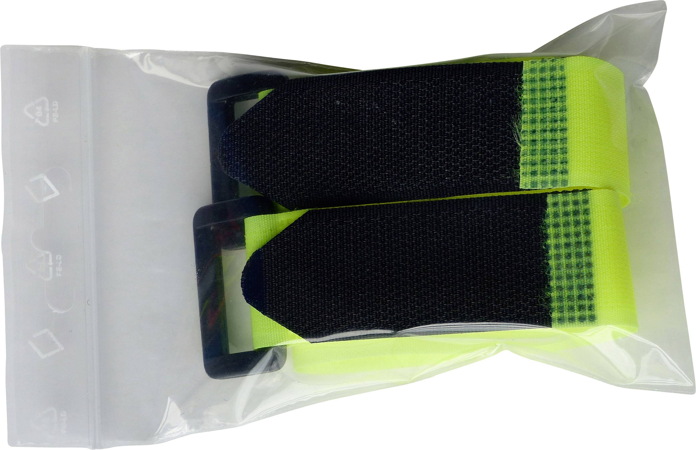 Two black and neon-coloured hook-and-loop fasteners in a transparent plastic packaging, designed for ski binding.