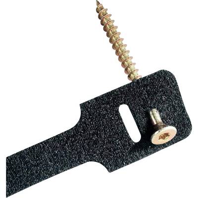 A black fixing element with one long and one short metal thread.