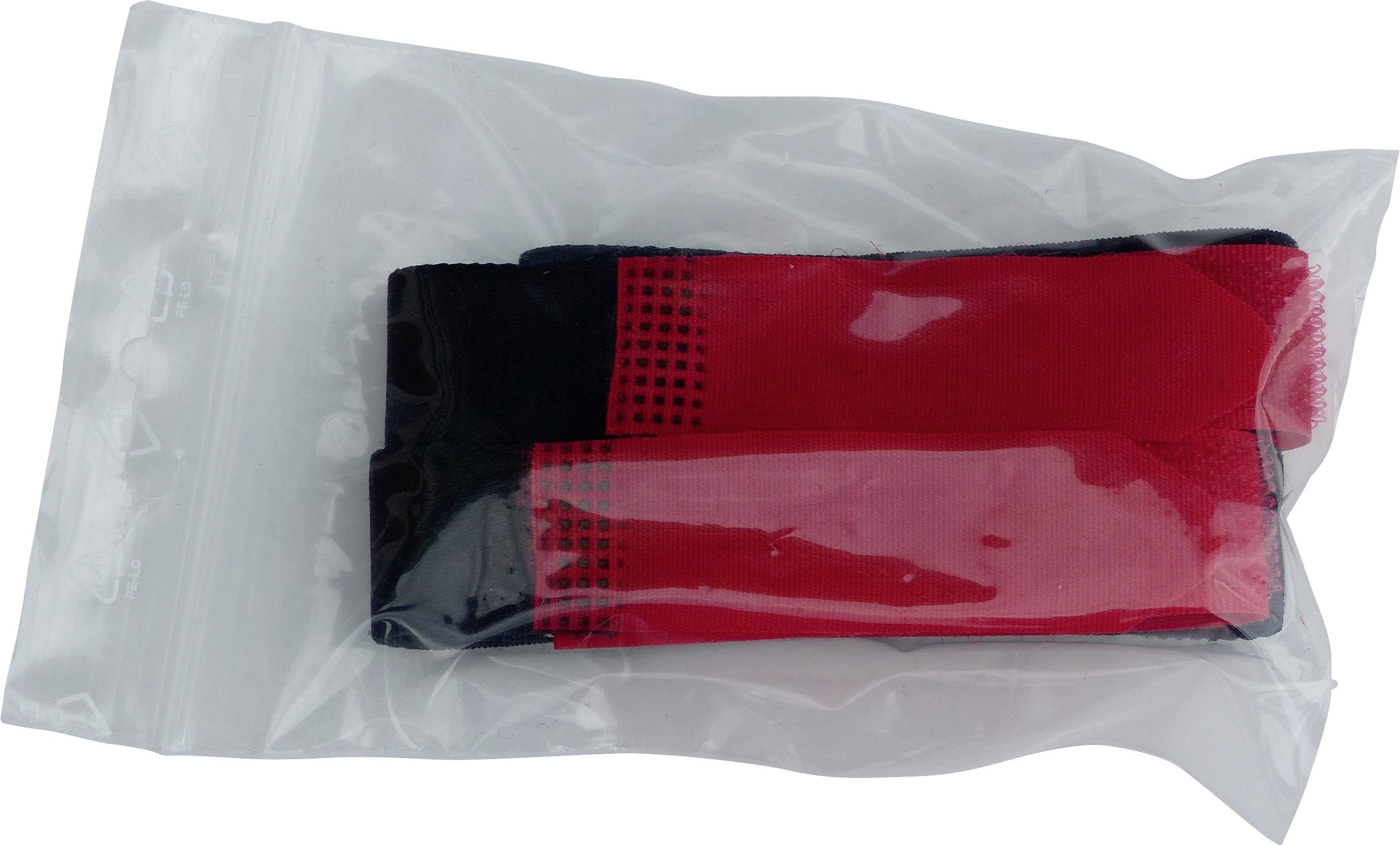 Red and black elastic bands in a clear plastic bag.