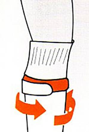 Illustration of a leg with a bandage around the ankle. Two rotating arrows indicate the direction of movement.