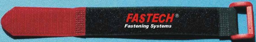 Hook and loop fastening tape with red and black design, featuring the text 'FASTECH Fastening Systems'. Against a blue background.