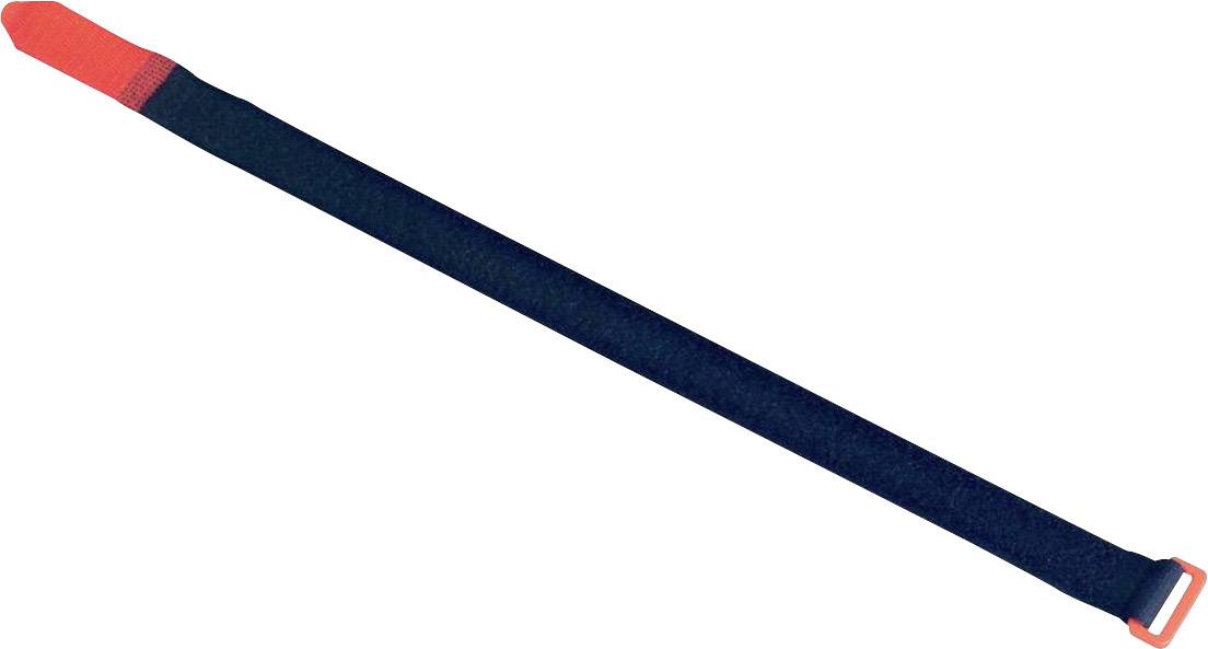 A long, black cable tie with a red end lies diagonally on a white background.
