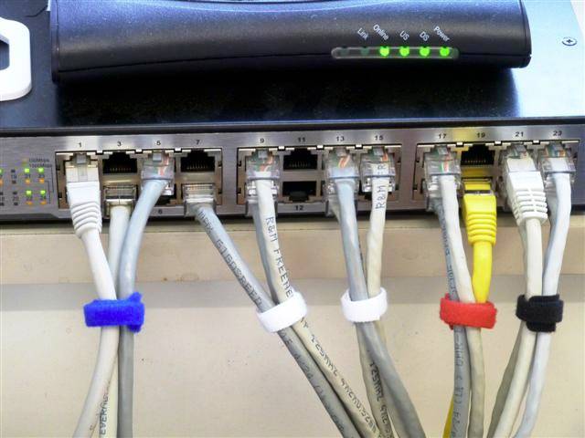 A router with multiple connected Ethernet cables, organised with coloured cable ties. The green lights indicate active connections.