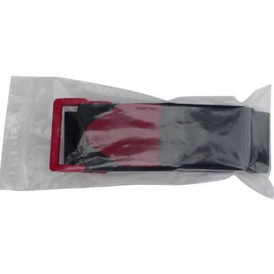 A packaged black belt with a red buckle trim in a clear plastic sleeve.