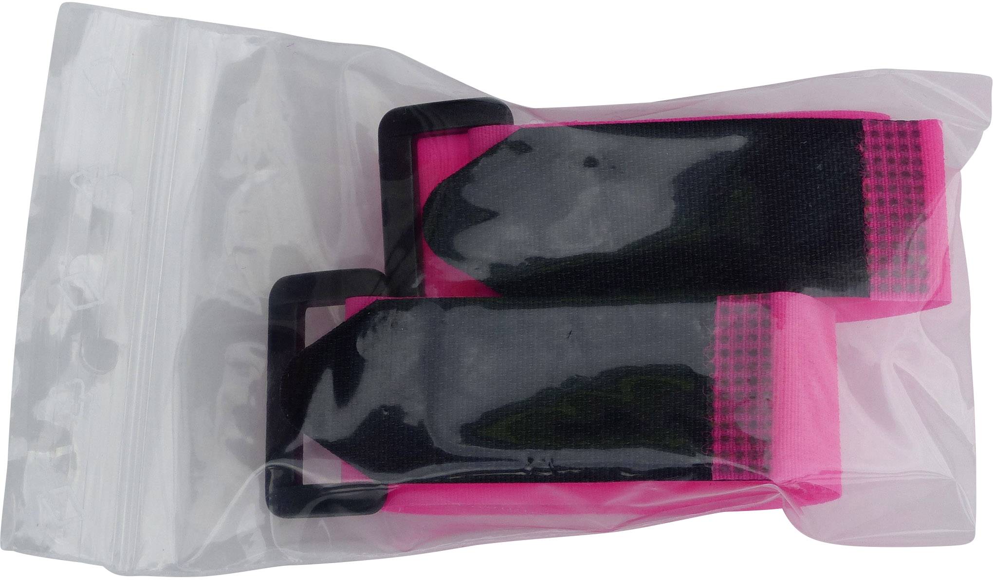 Plastic bag with pink and black ribbons inside.