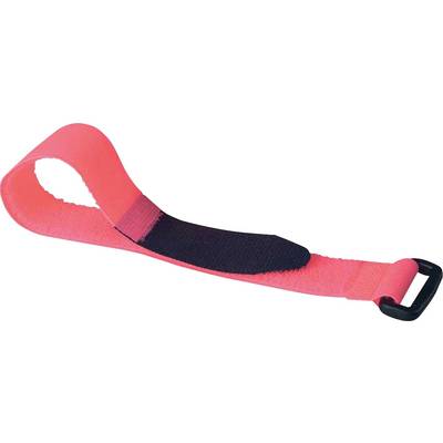 Red hook and loop strap with a plastic buckle, shown against a white background. Suitable for bundling or securing items.