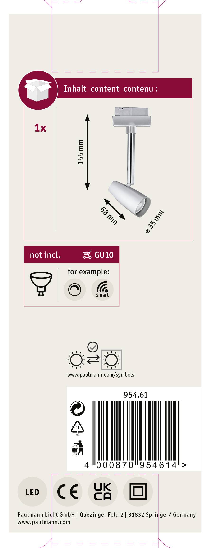 'Contents: 1x Spotlight, GU10 bulb not included. Example image for GU10. Dimensions: 155 mm x 95 mm. LED symbol, barcode and manufacturer information.'