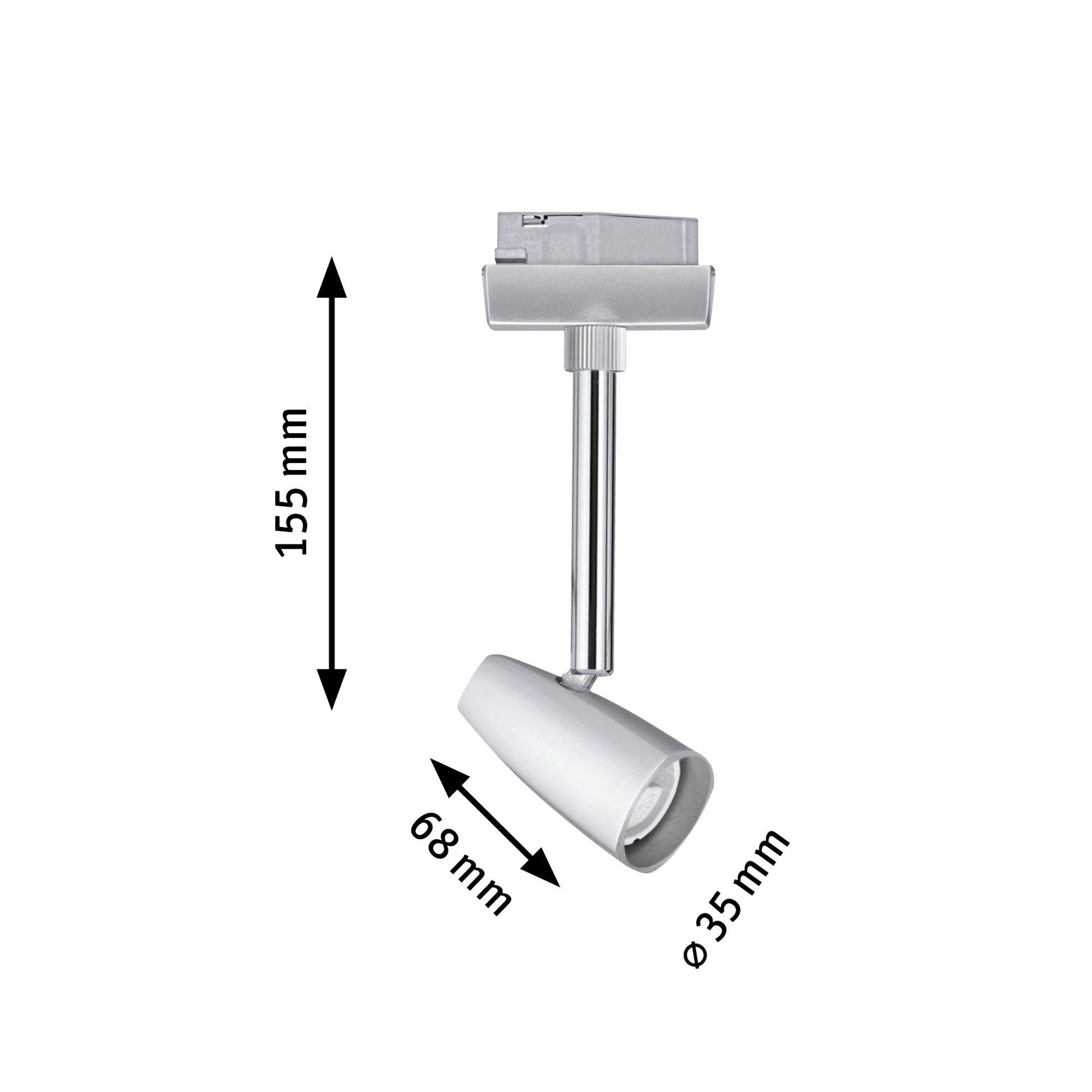 LED spot light in white; total height 155 mm, length 68 mm, diameter 35 mm. Suitable for modern light rail installations.