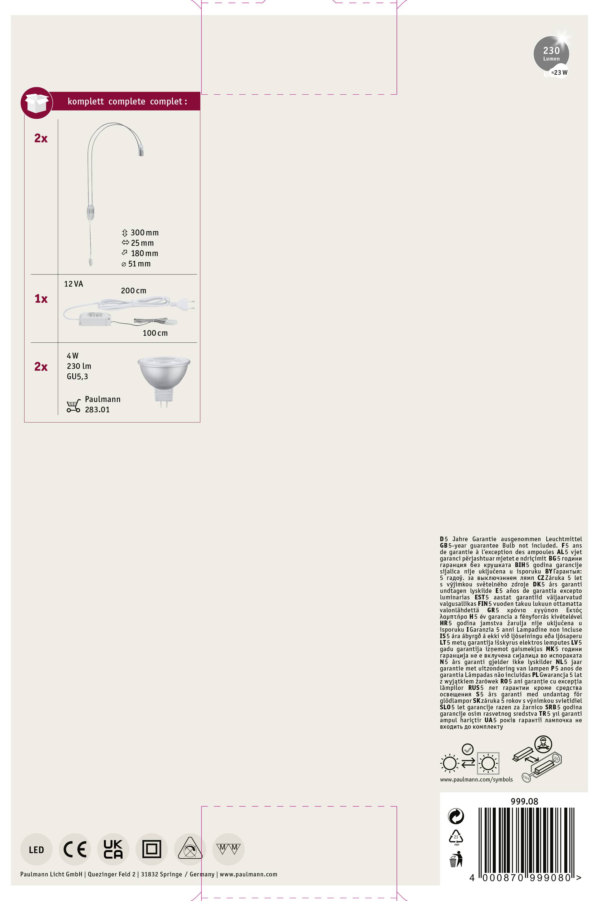 Packaging reverse side with illustration and parts list: 2 hoses (200 cm), 1 tap (35 mm hole), 2 siphon bowls. Brand information below.