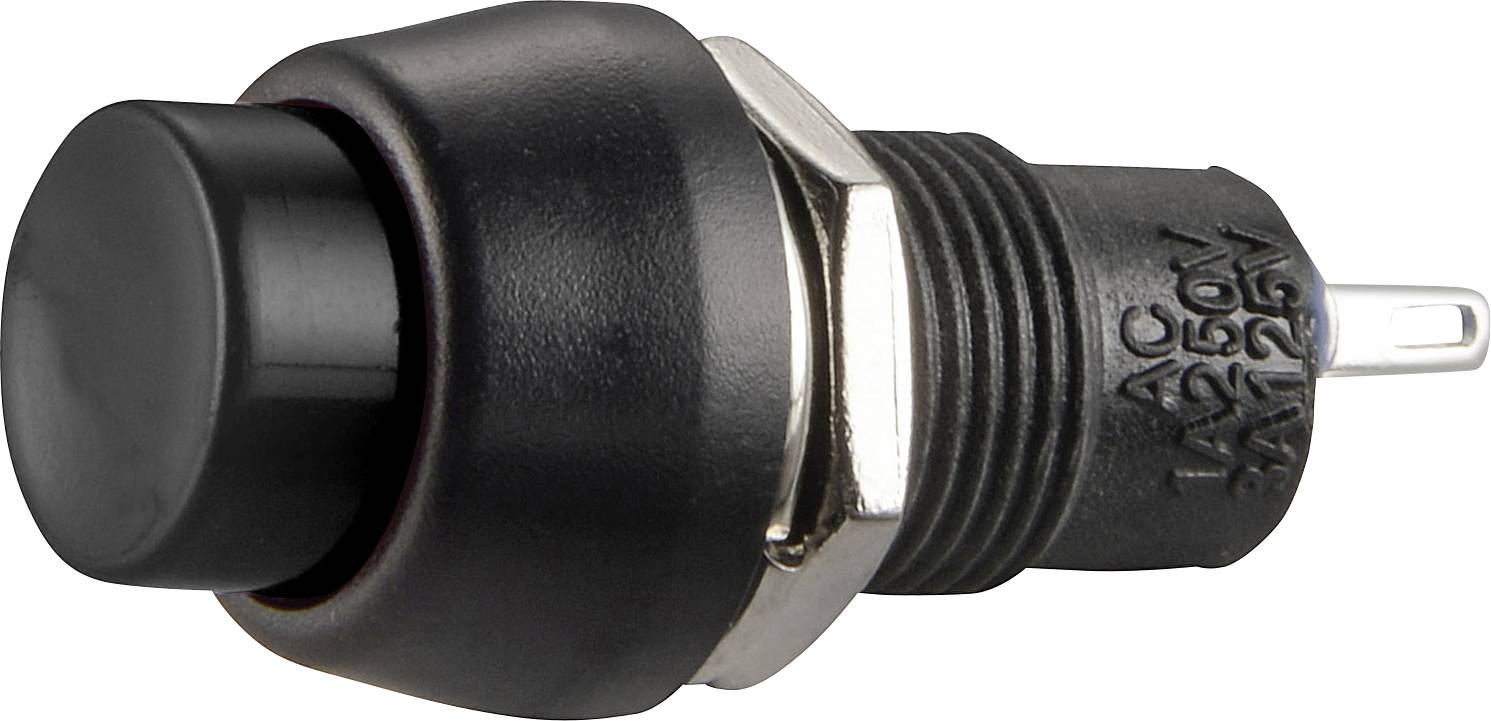 A black push-button switch with a metal thread and marking '1A 250V AC'. Suitable for use in electrical circuits.