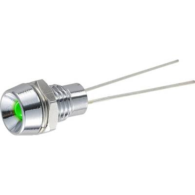 A green LED with two long metal terminals. The LED is mounted in a metallic housing.