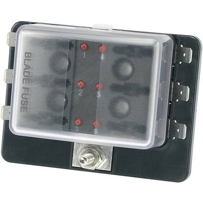 Black safety housing with transparent cover, labelled 'Blade Fuse', containing five slots for flat fuses.