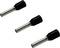 Three black cable end ferrules with silver metal tips, angled diagonally down to the right.