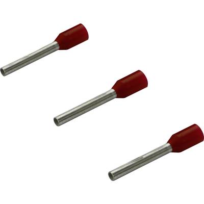 Three red cable end ferrules on a white background in a diagonal arrangement.