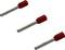 Three red cable end ferrules on a white background in a diagonal arrangement.