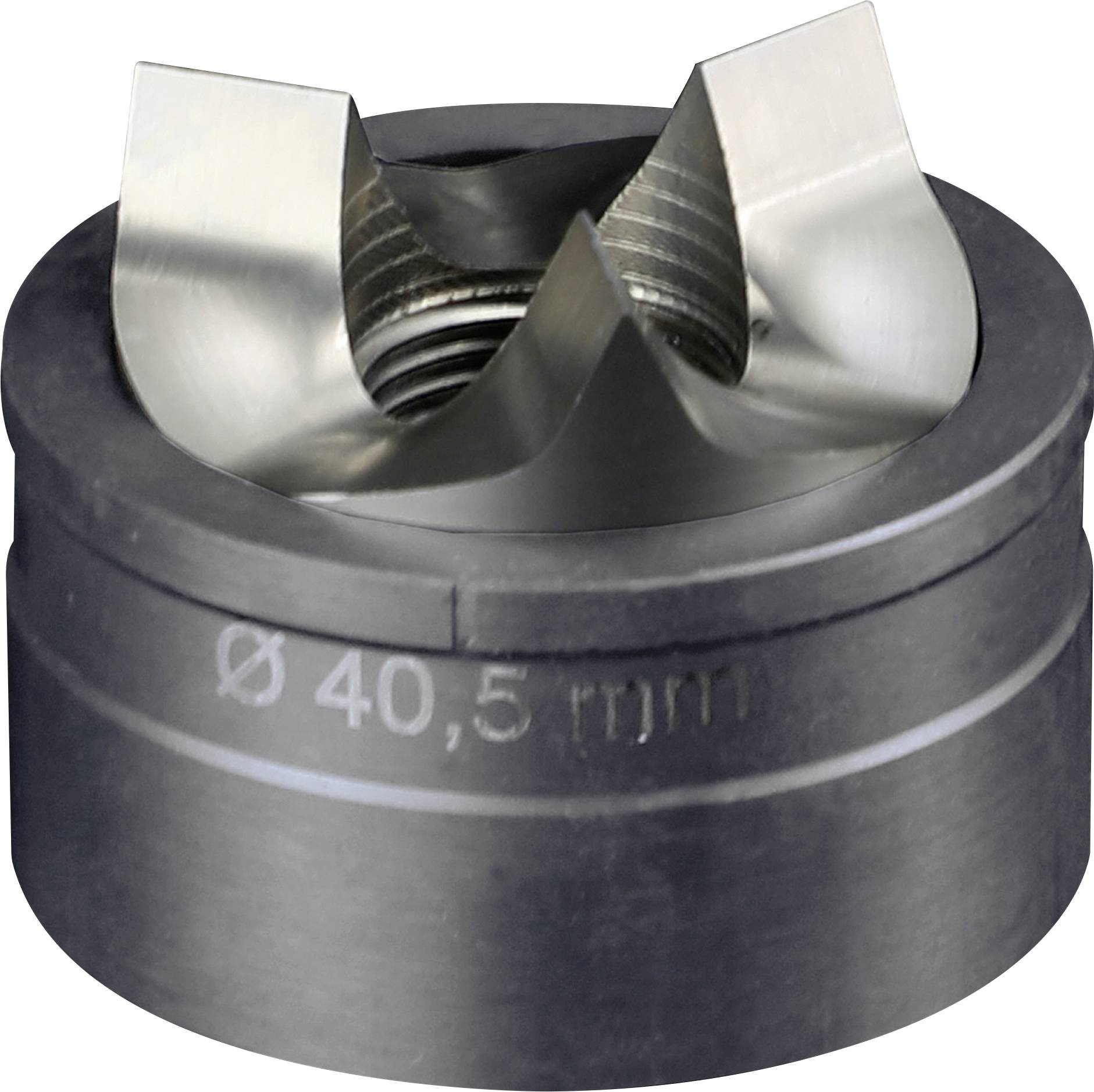 Metallic thread forming roller with the inscription 'Ø 40.5 mm'. The tool has a shiny, serrated surface for thread production.