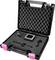 A black case with pink clasps, containing a foam interior with specially shaped recesses for tools or equipment.