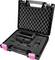Black case with foam lining; contains black metal tools. Case has pink latches and a carry handle.