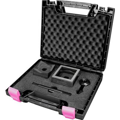 Black case with foam lining, contains tool parts: two square mounting brackets, a rod and a cone-shaped tool.