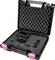 Black case with pink fastenings, contains shaped components for the secure storage of technical equipment.