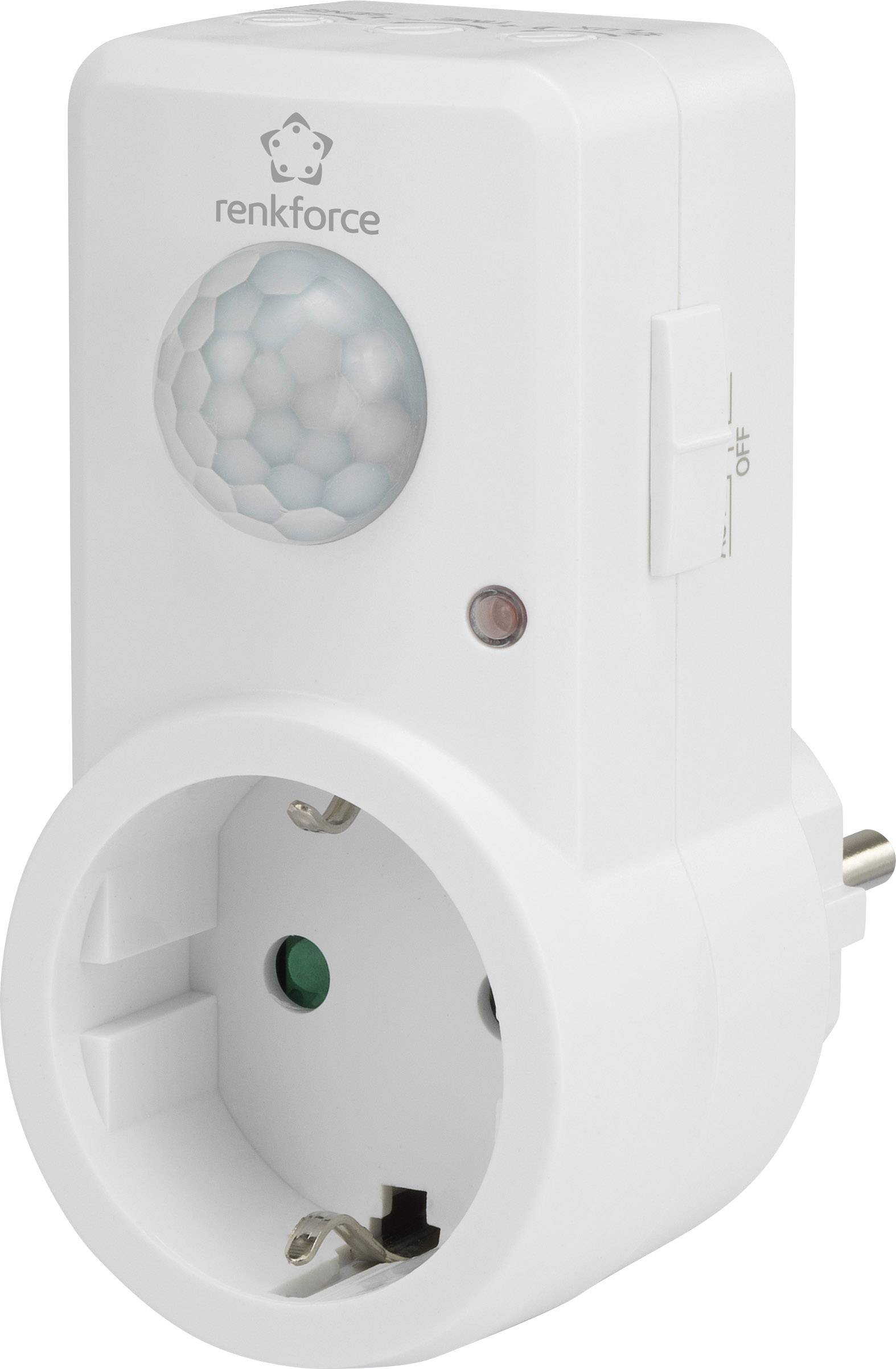 White smart plug socket with motion sensor and on/off switch. Brand: Renkforce.