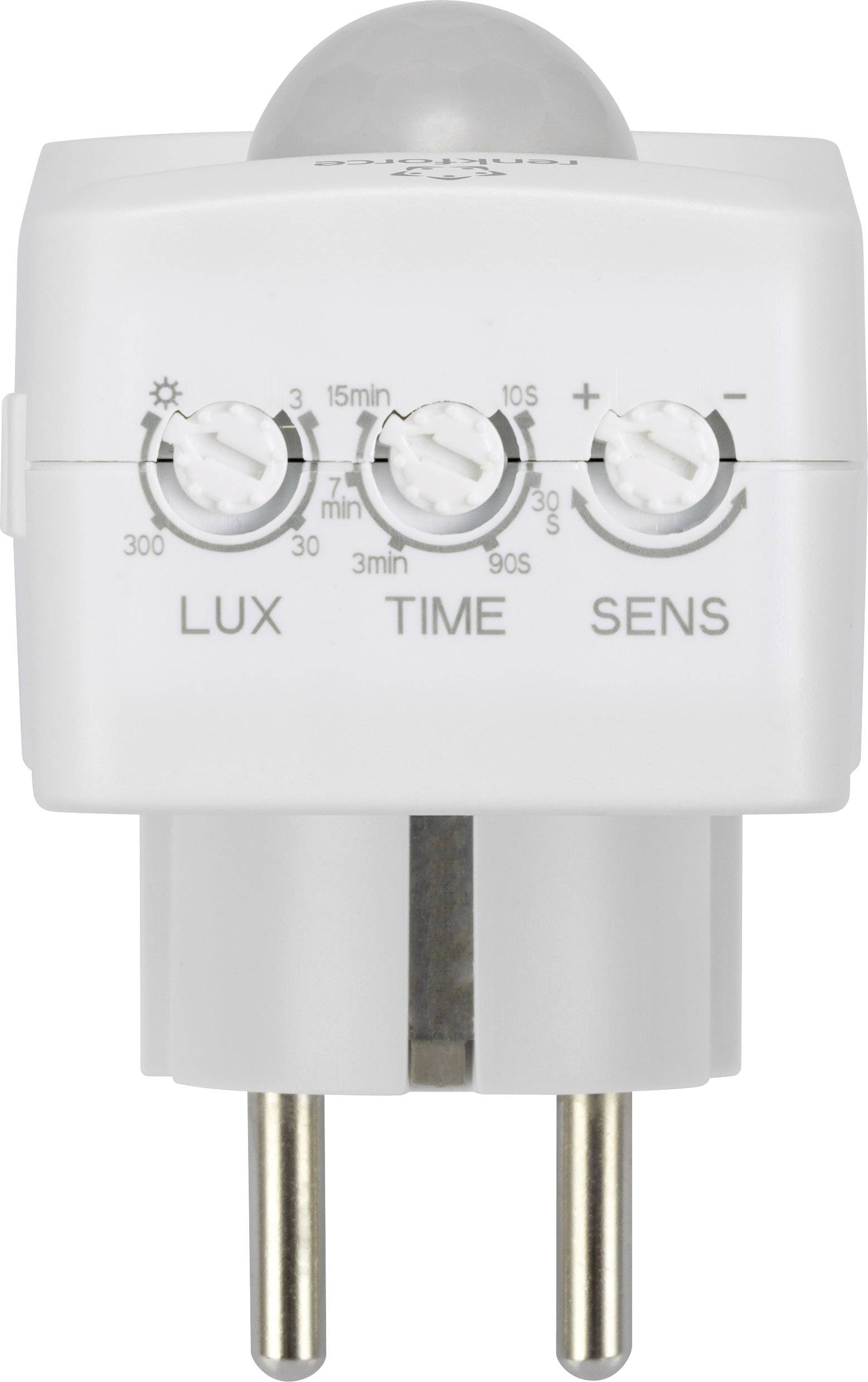 White motion sensor plug with three adjustment wheels for 'LUX', 'TIME', and 'SENS'. Indicators for light sensitivity, duration, and sensitivity. Screw terminals visible.