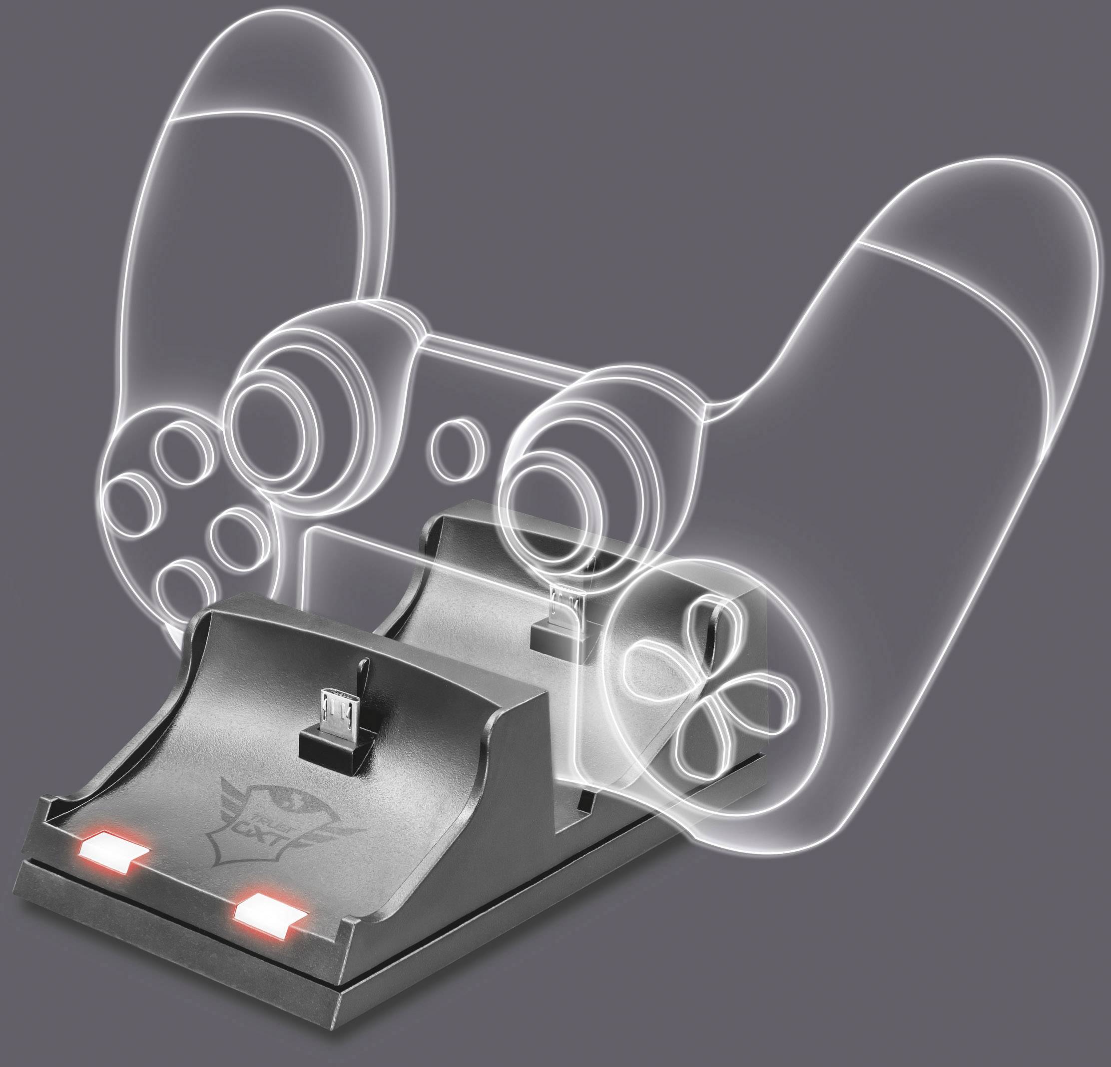 Charging station for a gaming controller, with two charging slots and illuminated indicators on a grey background.