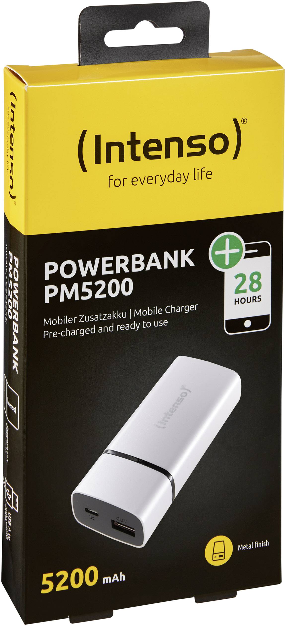 An Intenso power bank with 5200 mAh capacity, packaged in a black box. Promises up to 28 hours of additional battery life.
