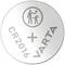 Round button cell with the inscription 'CR2016 VARTA'. Symbol: Adult handing an object to a child.
