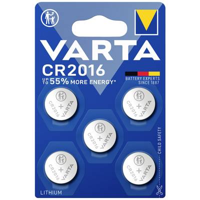 'VARTA CR2016 Lithium Batteries, up to 55% more energy. 5 batteries in blister pack. Child-safe.'