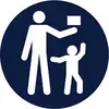 A pictogram shows a large figure holding up a rectangular shield next to a smaller figure. Symbol for school.