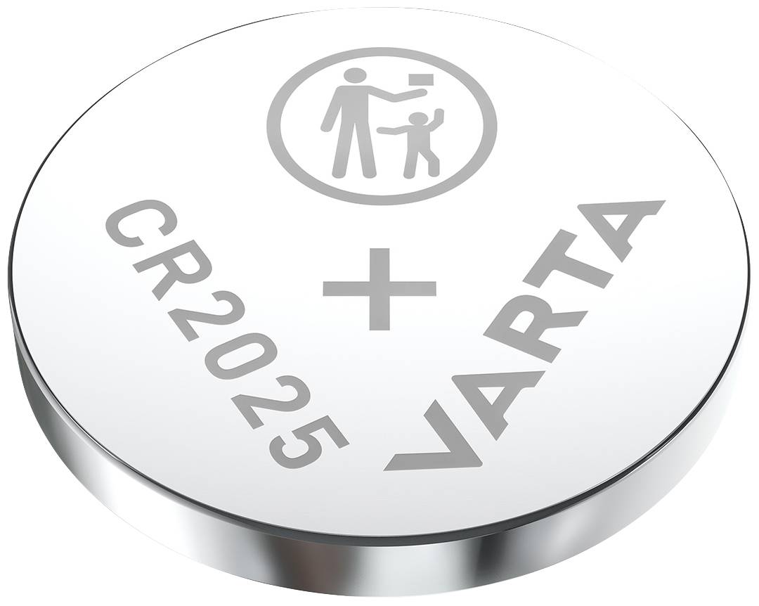 Flat silver button cell with 'CR2025 VARTA' inscription. Symbol of an adult handing something to a child.
