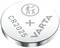 Flat silver button cell with 'CR2025 VARTA' inscription. Symbol of an adult handing something to a child.