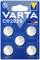 'Varta' button cell battery pack containing five CR2025 batteries. Labelling emphasises child safety and expertise dating back to 1887.